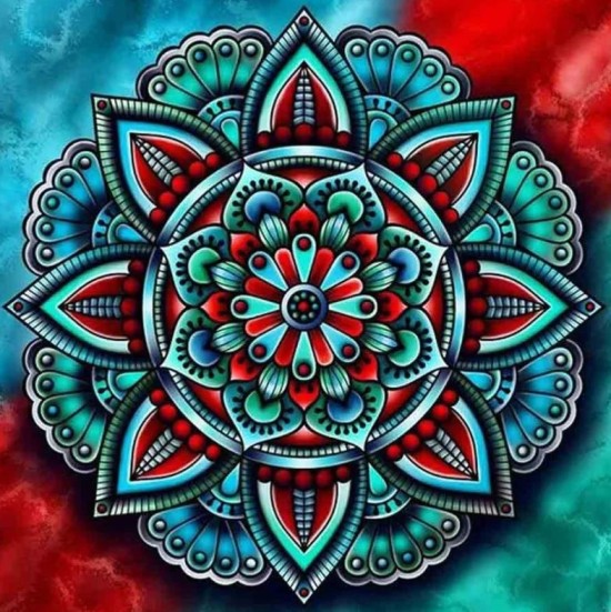 Diamantový obrázek - mandala - modrý a červený kruh - 30 x 30 cm - 1006553