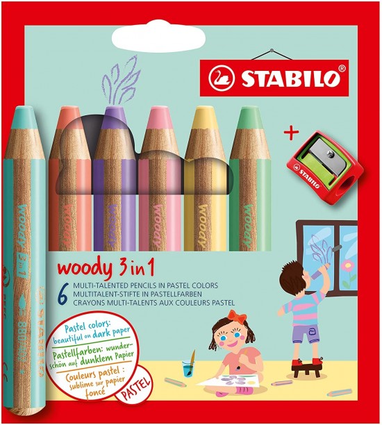 Pastelka, vodovka & voskovka v jednom - STABILO woody 3 in 1 - 6 ks s ořezávátkem - pastel
