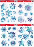 Okenní fólie s glitry - modré vločky a hvězdy - 38 x 30 cm - 211