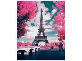 Diamantový obrázek - Eiffelova věž za růžovými stromy - 30x40cm - 1006709