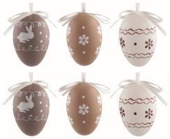 Plastová vajíčka na zavěšení - hnědý dekor - 6 cm - 6 ks v sáčku - 7595

