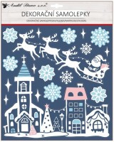 Dekorační samolepka s glitry - městečko a santa - 30 x 38 cm - 10668
