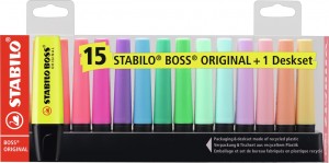 Zvýrazňovač  - STABILO BOSS ORIGINAL - 15 ks deskset - 9 neonových a 6 pastelových barev