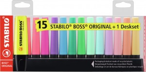 Zvýrazňovač STABILO BOSS ORIGINAL - 15 ks deskset - 9 neonových a 6 pastelových barev