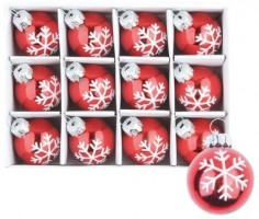 Sada skleněných baněk 3 cm - červená s bílou vločkou - 12 ks - 19064