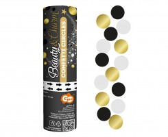 Vystřelovací konfety Beauty & Charm - černá, bílá a zlatá kolečka - 407077