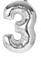 Balónek fóliový 40 cm - číslice 3 - stříbrný - 24226