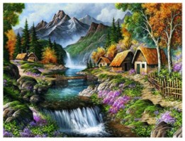 Diamantový obrázek - Chaty u horské řeky - 30 x 40 cm - 1007419